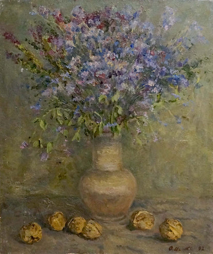 Oil painting by Alexander Mynka: rustic terracotta vase with purple blue wildflowers
