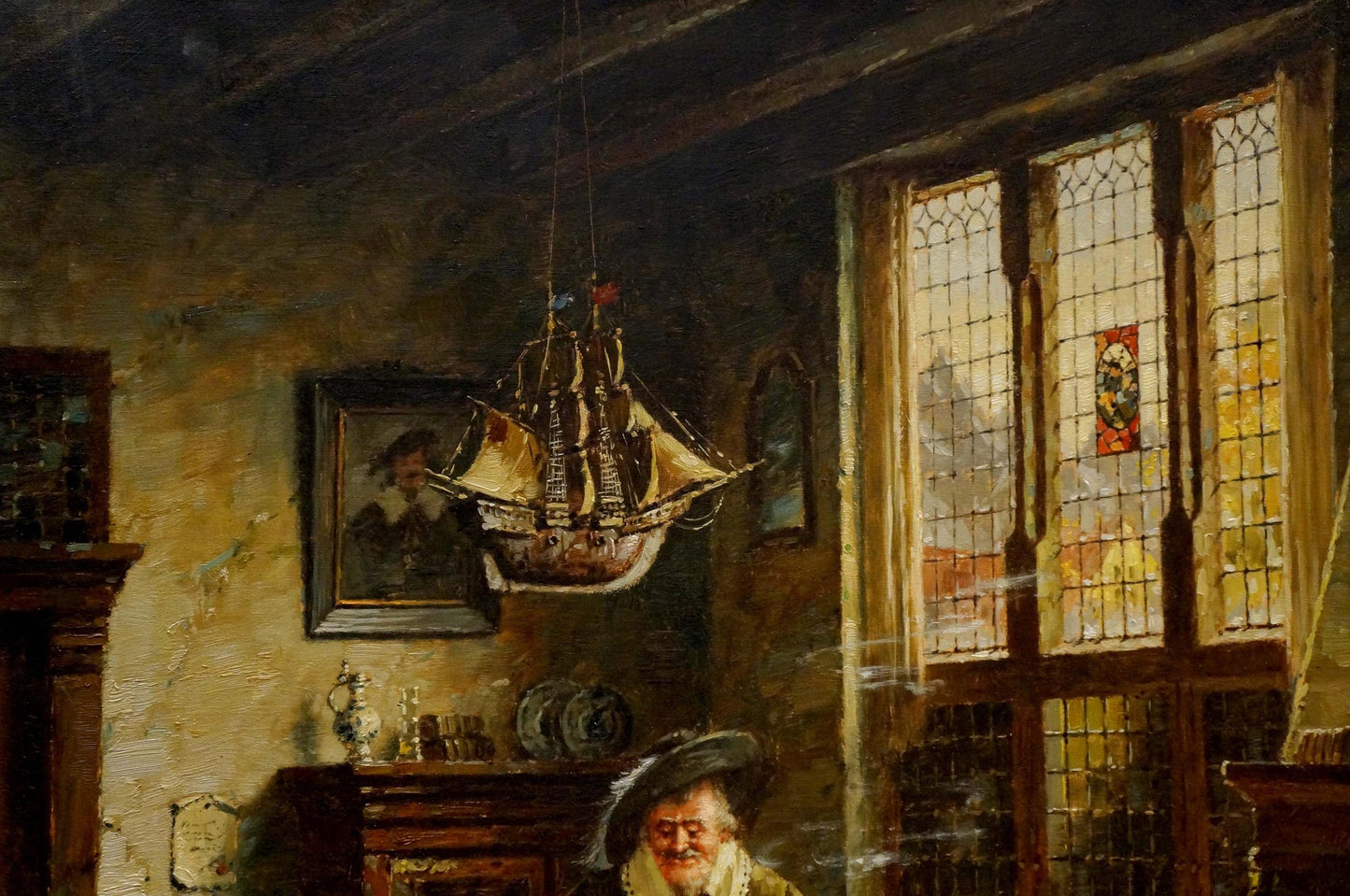 Oil painting Meeting friends by Hein van Doren: ceiling-suspended model ship