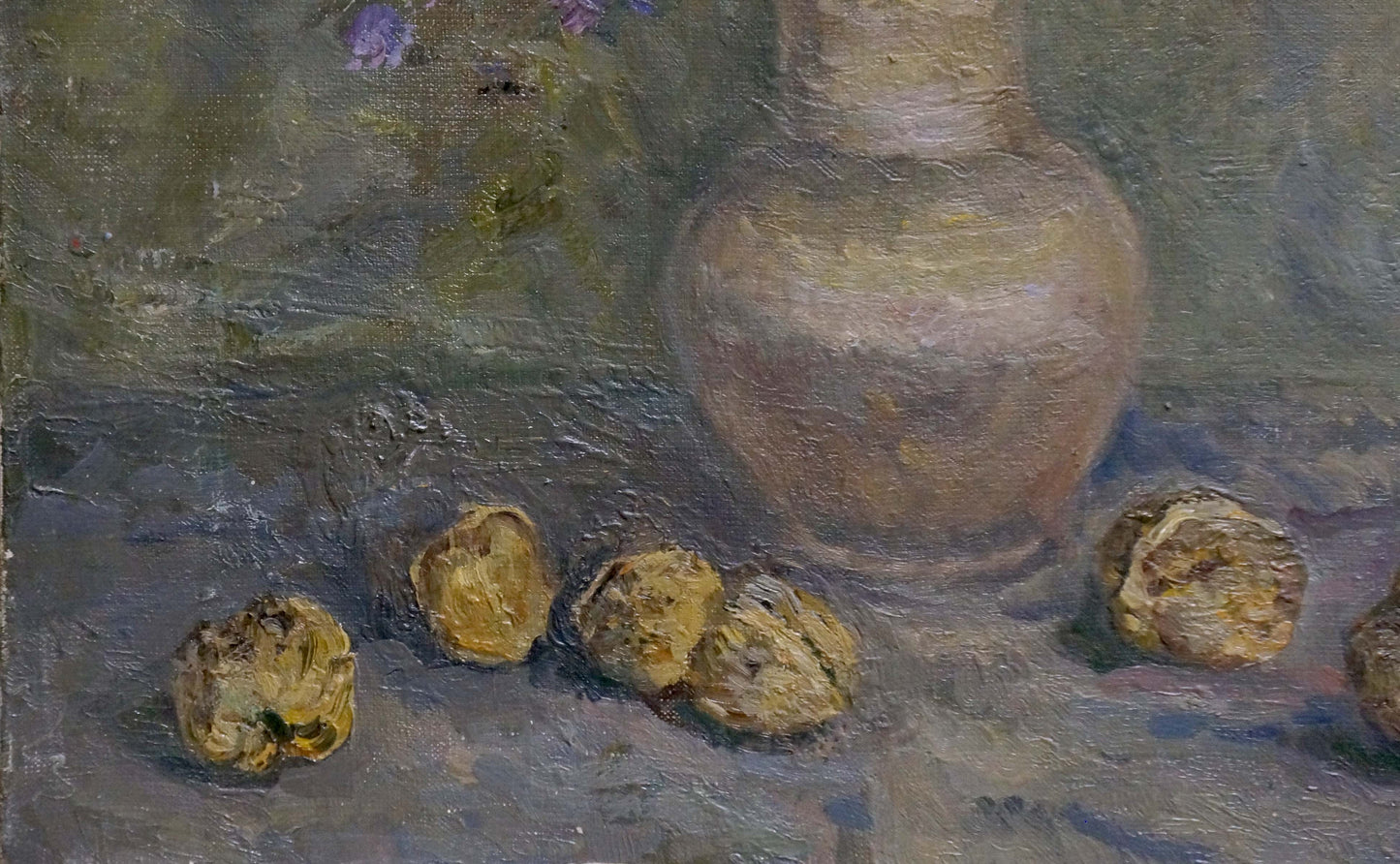 Earthenware vase in muted earth tones with oil painting flowers by Alexander Mynka