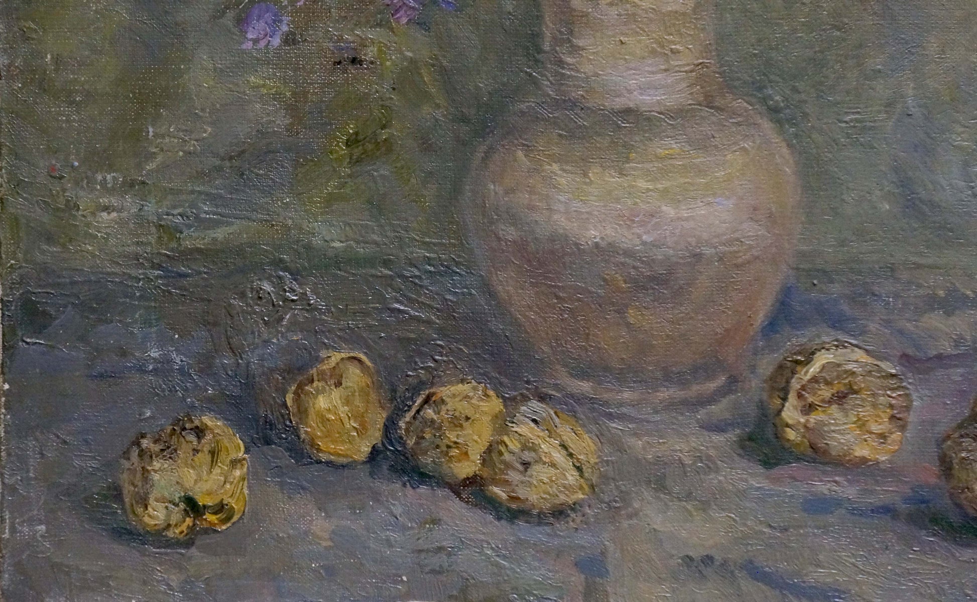 Earthenware vase in muted earth tones with oil painting flowers by Alexander Mynka