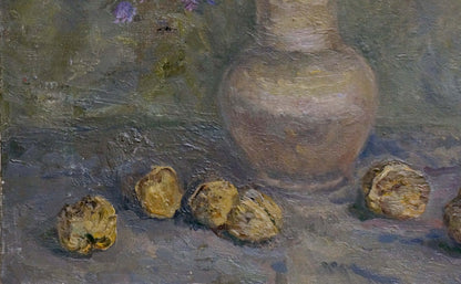 Earthenware vase in muted earth tones with oil painting flowers by Alexander Mynka