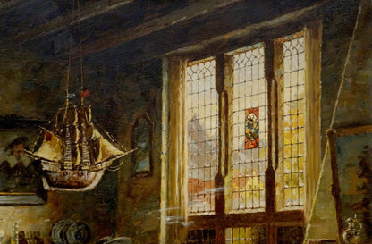 Oil painting Meeting friends Hein van Doren: detailed wooden model ship with tan sails and dark hull suspended by strings in dimly lit room