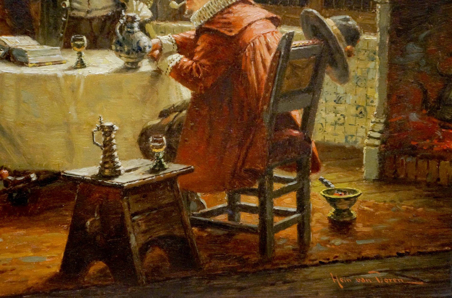 Oil painting Meeting friends Hein van Doren: ornate silver pitcher on stool