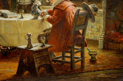 Oil painting Meeting friends Hein van Doren: ornate silver pitcher on stool