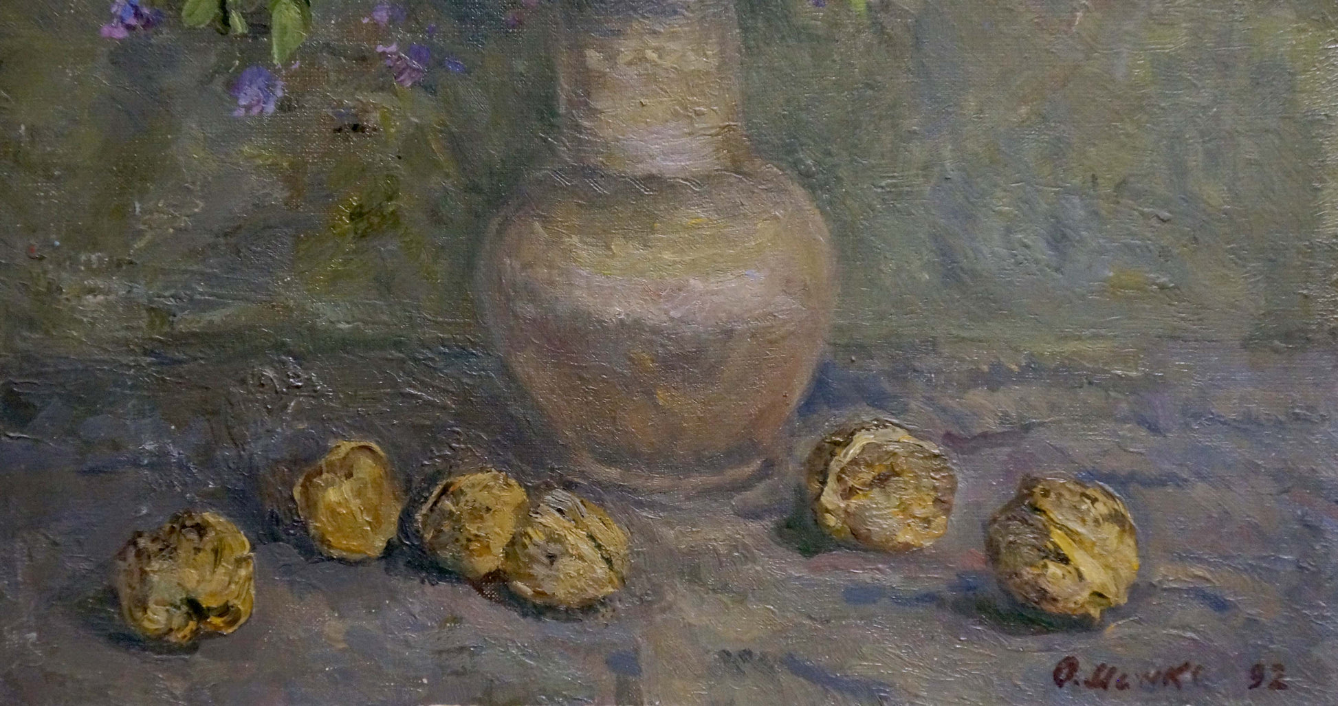 Earthenware vase in muted earth tones with oil painting flowers by Alexander Mynka