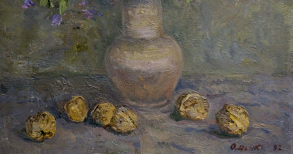 Earthenware vase in muted earth tones with oil painting flowers by Alexander Mynka