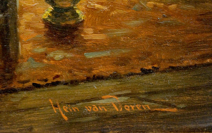 Orange-painted Hein van der Zee signature on back of Meeting Friends oil painting