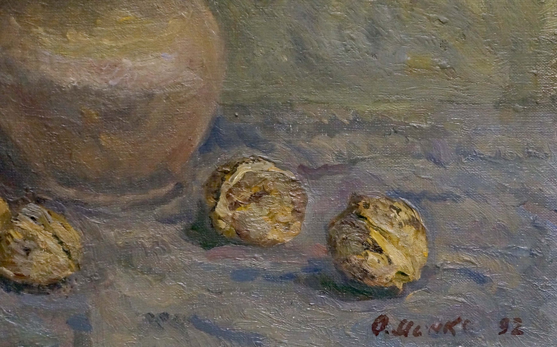 Oil painting of three textured walnuts by Alexander Mynka