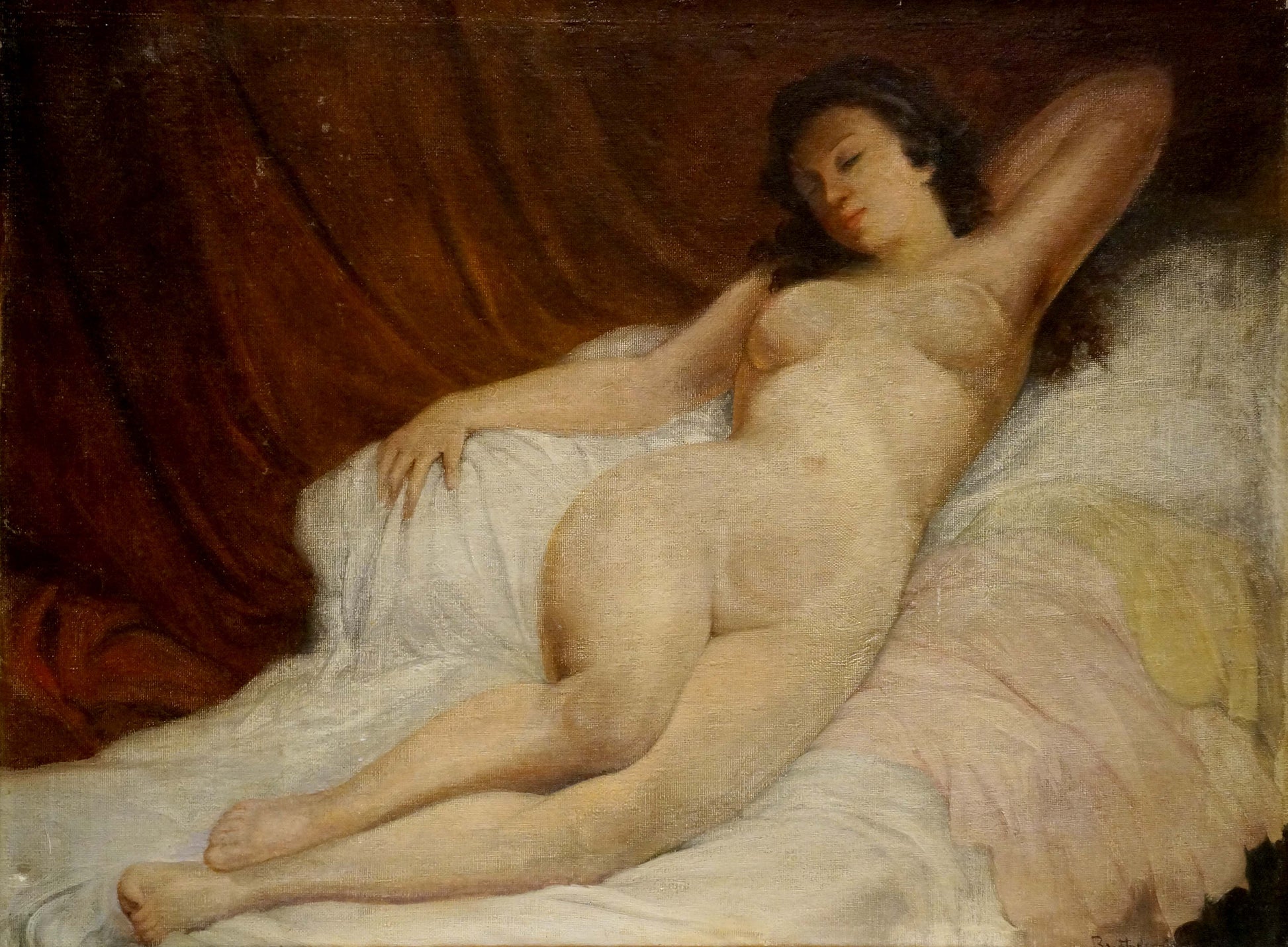 Classical oil painting of figure Butteroth Rot girl reclining on white fabric