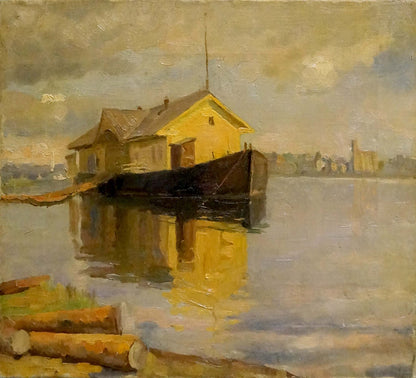 Oil painting Port: yellow wooden house with dark roof on shimmering water