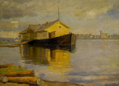 Yellow wooden house with dark roof on water, Oil painting Port reflection