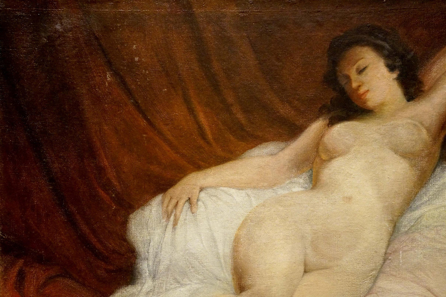 Oil painting portrait of figure pale girl reclining on bed by Butteroth Rot