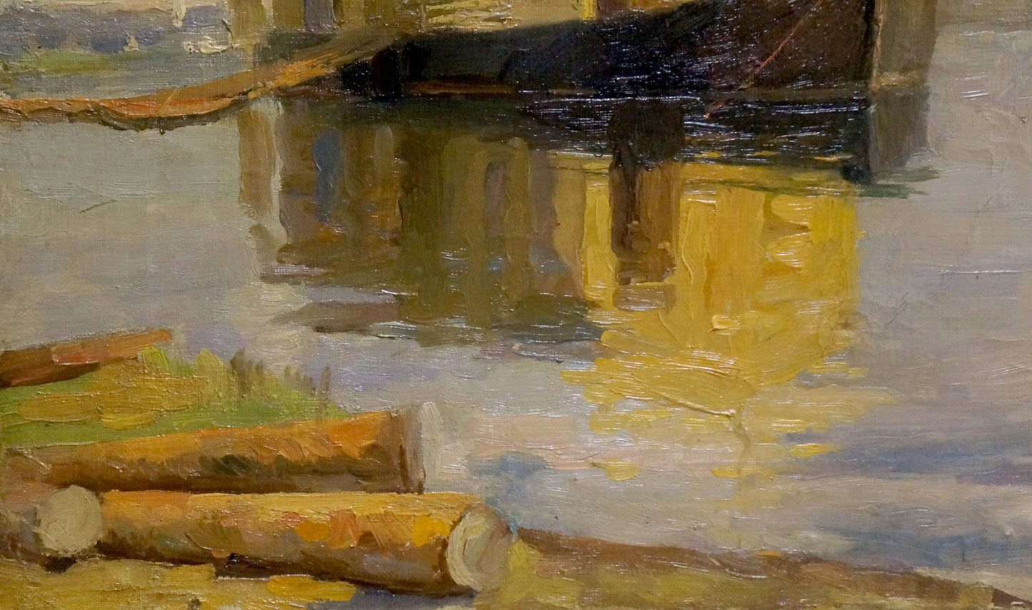 Oil painting Port: yellow and brown logs on shore with pale wood grain ends