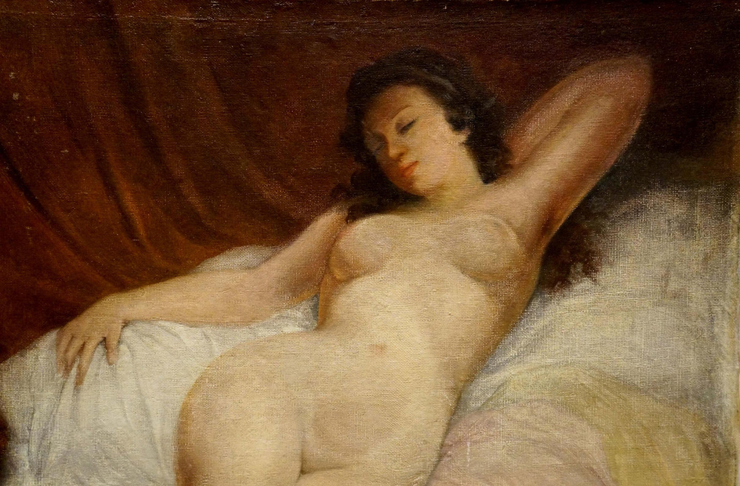 Impressionistic oil painting of female figure reclining on white fabric by Butteroth Rot