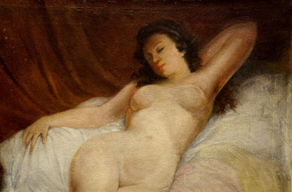 Impressionistic oil painting of female figure reclining on white fabric by Butteroth Rot