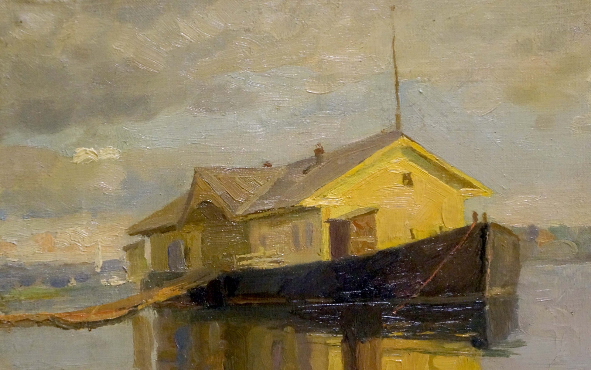 Oil painting port of yellow house with dark roof on floating platform in water