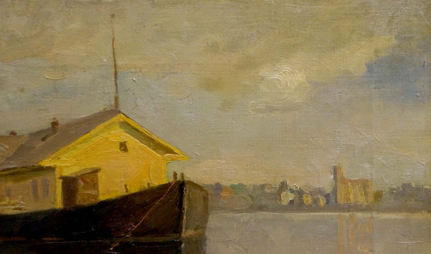 Oil painting Port: yellow wooden house by dock under overcast sky