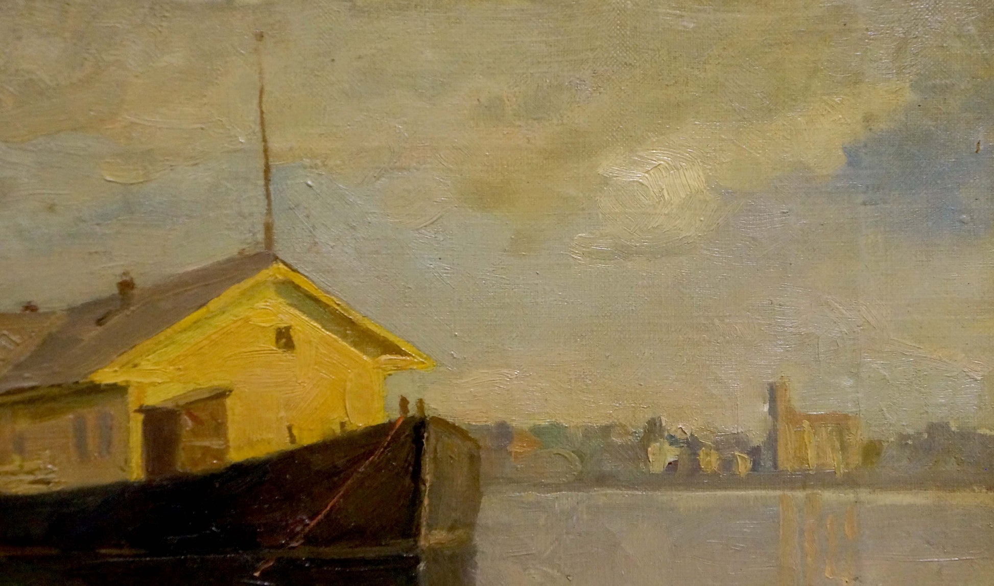 Oil painting Port: yellow wooden house by dock under overcast sky