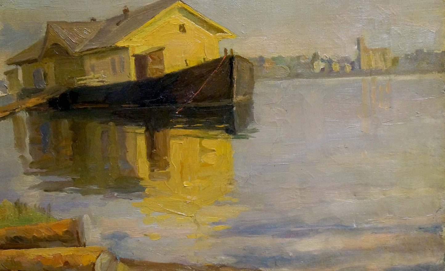 Yellow wooden house with dark roof, docked boat in calm water reflection, oil painting Port