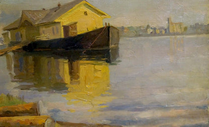 Yellow wooden house with dark roof, docked boat in calm water reflection, oil painting Port