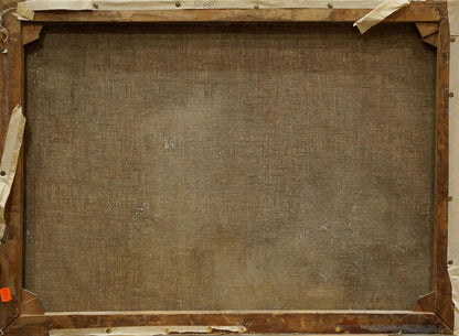 Back of Oil painting Portrait of undraped lying girl Butteroth Rot on brown canvas frame