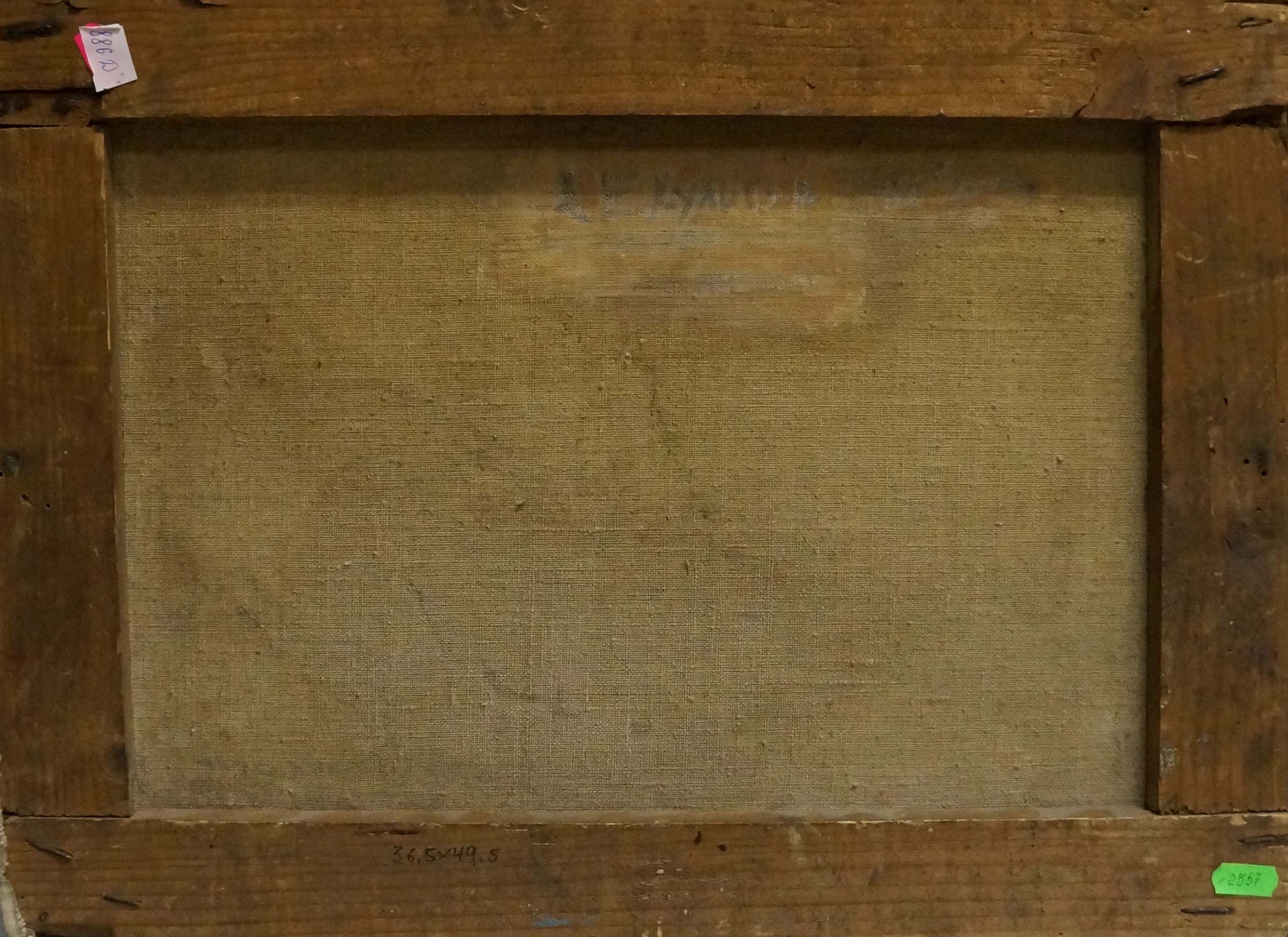 Back of Oil painting Port with wooden frame and textured beige canvas