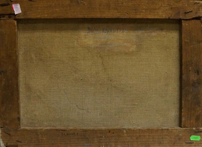 Back of Oil painting Port with wooden frame and textured beige canvas