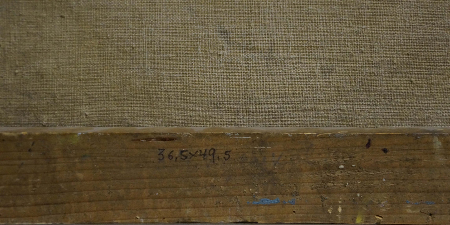 Back of Oil painting Port canvas with textured fabric and wooden stretcher bar