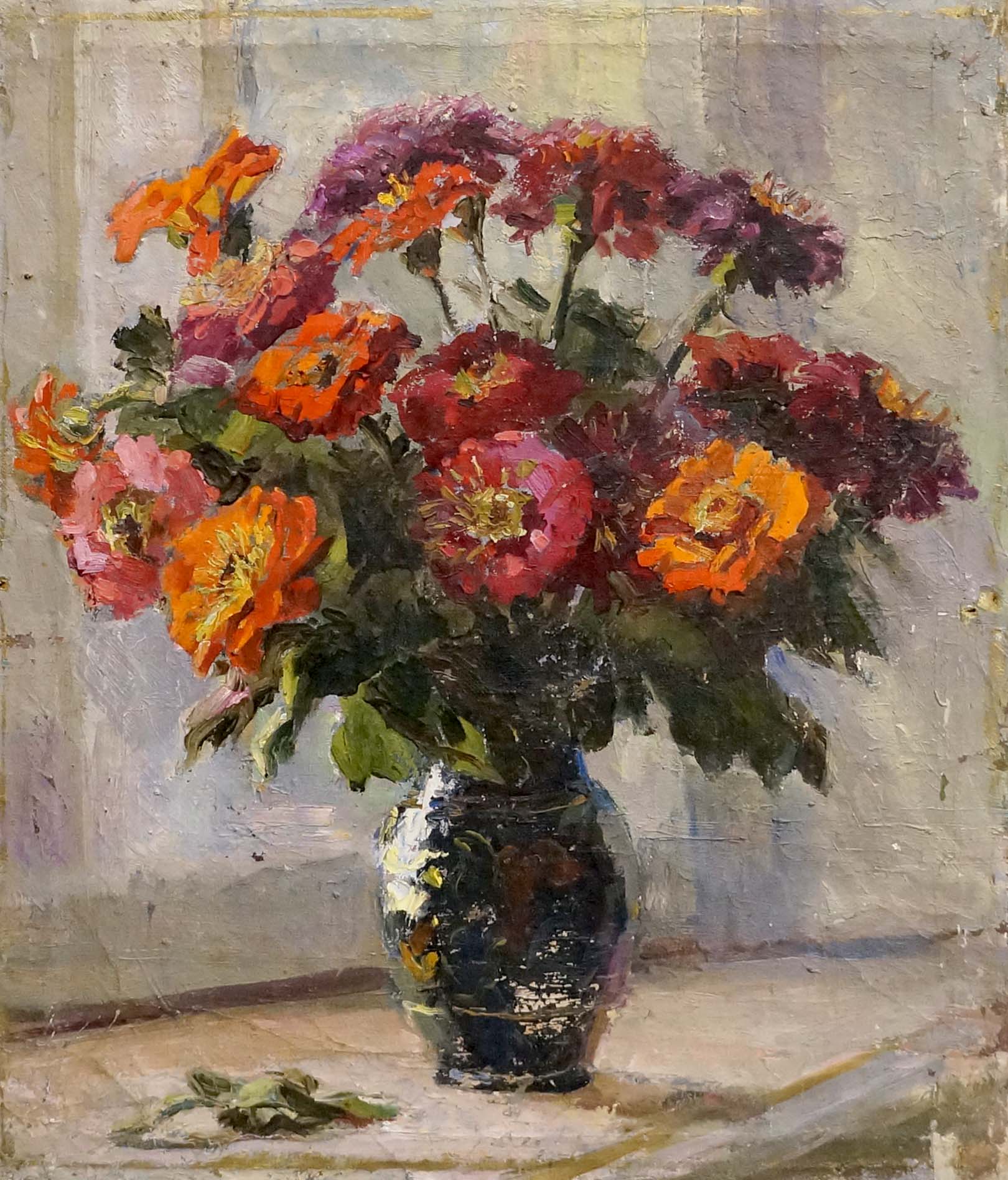 Oil painting of vibrant orange pink purple zinnias in blue vase by Konstantinopolskiy Adolf Markovich