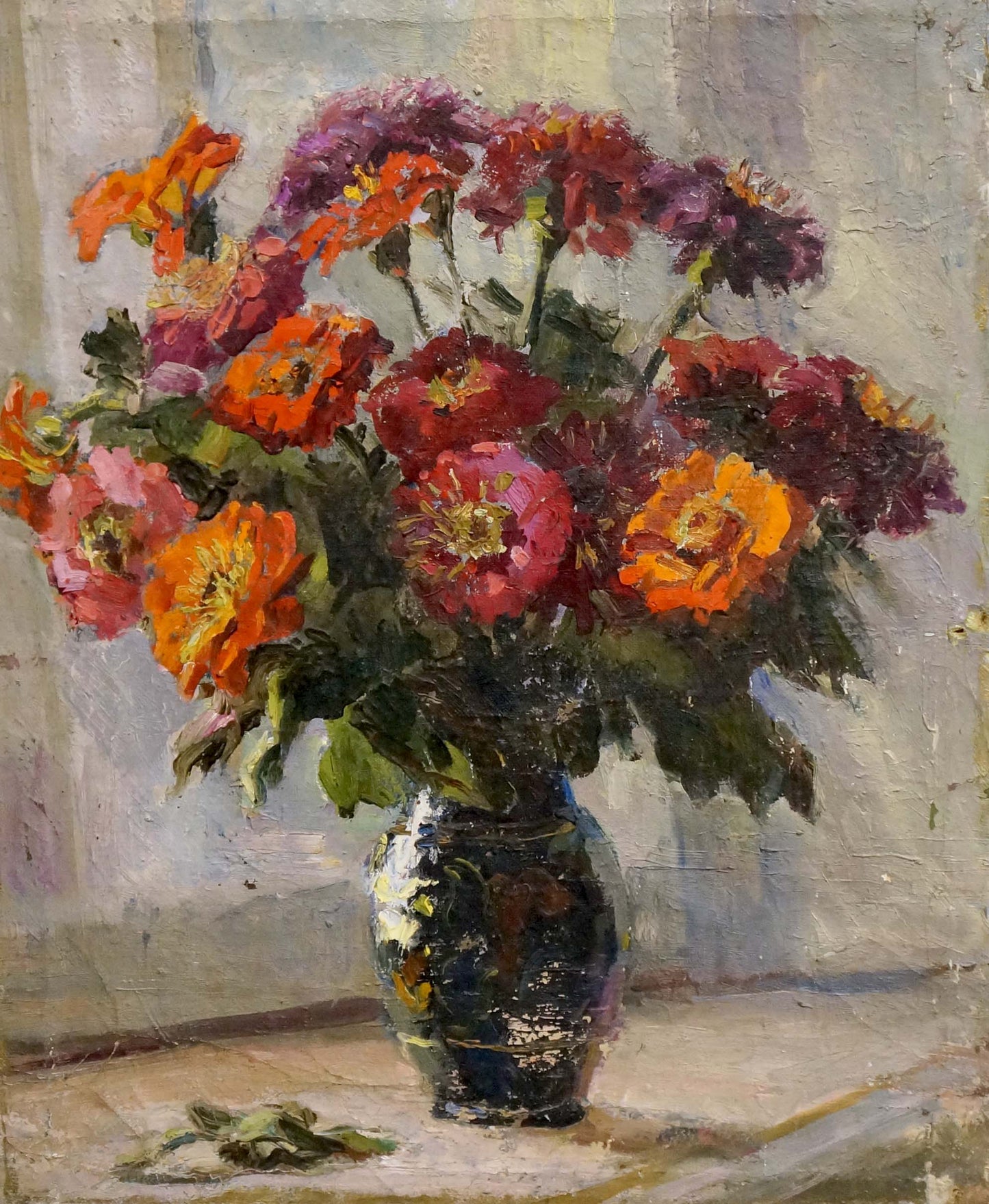 Oil painting of vibrant orange, red, purple zinnias in blue vase by Konstantinopolskiy Adolf Markovich