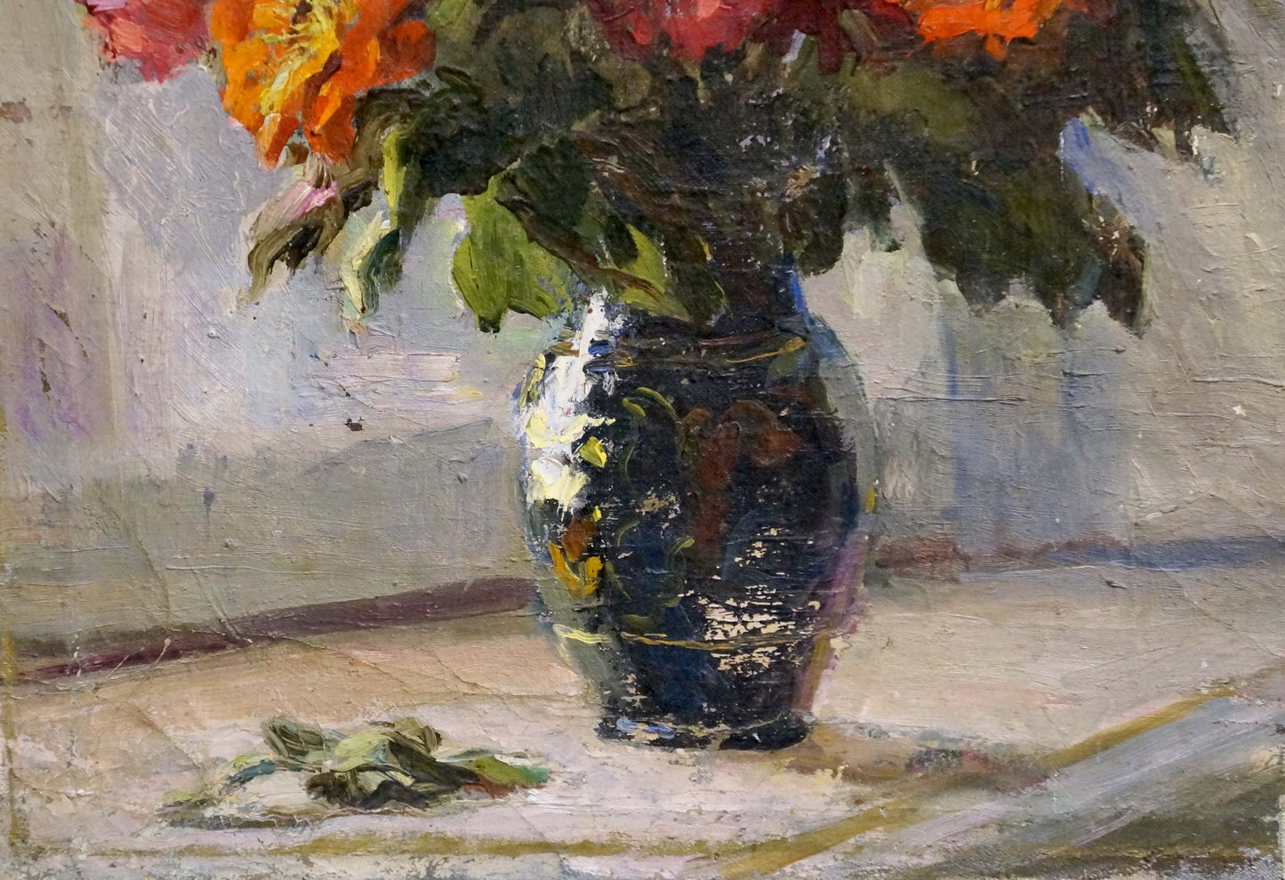Oil painting of orange red flowers in blue vase by Adol’f Markovich Konstantinopol’skiy