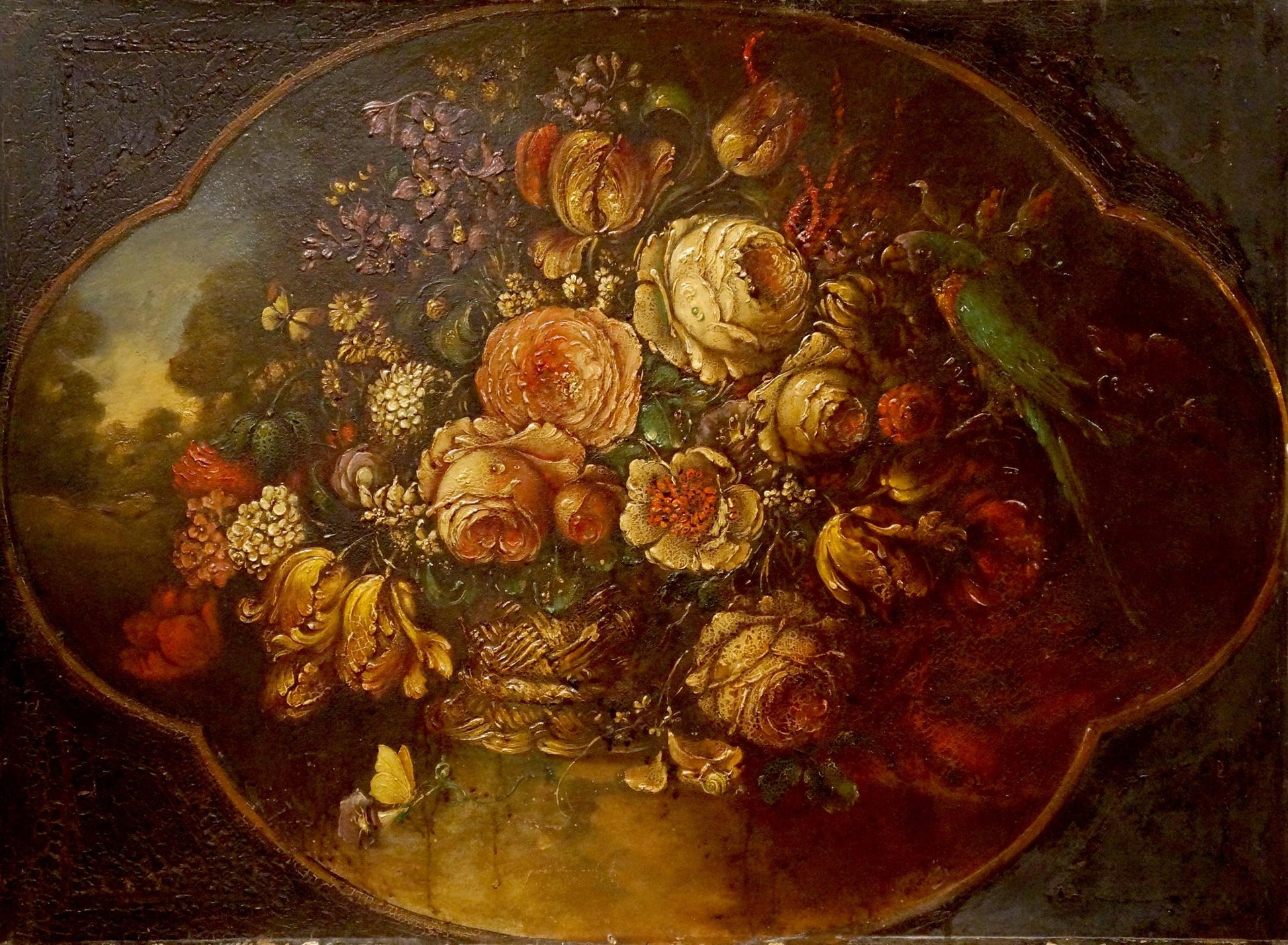 Oil painting of vibrant roses, tulips, flowers and green parrot, Western European style