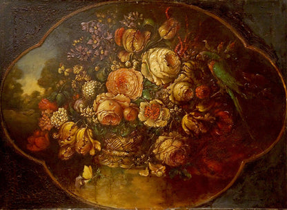 Oil painting of vibrant roses, tulips, flowers and green parrot, Western European style