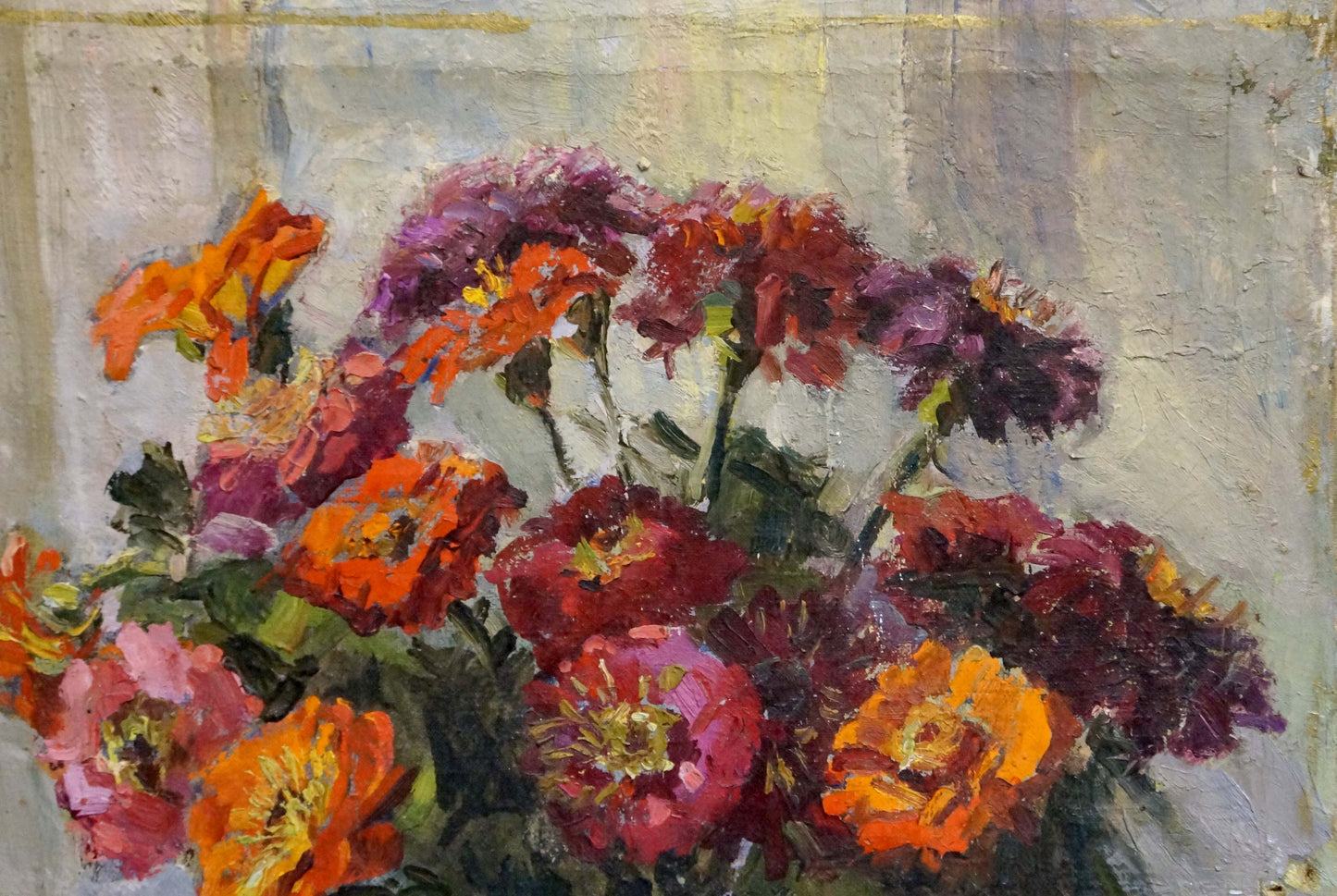 Oil painting of vibrant zinnias by Konstantinopolskiy Adolf Markovich