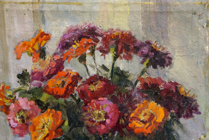 Oil painting of vibrant zinnias by Konstantinopolskiy Adolf Markovich
