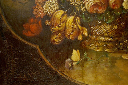 Golden gilded floral oil painting with bird, Western European still life