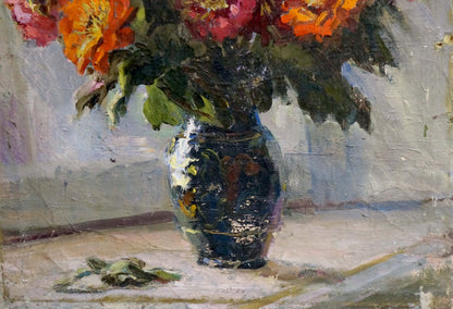 Oil painting of orange pink flowers in blue vase by Konstantinopolskiy Adolf Markovich