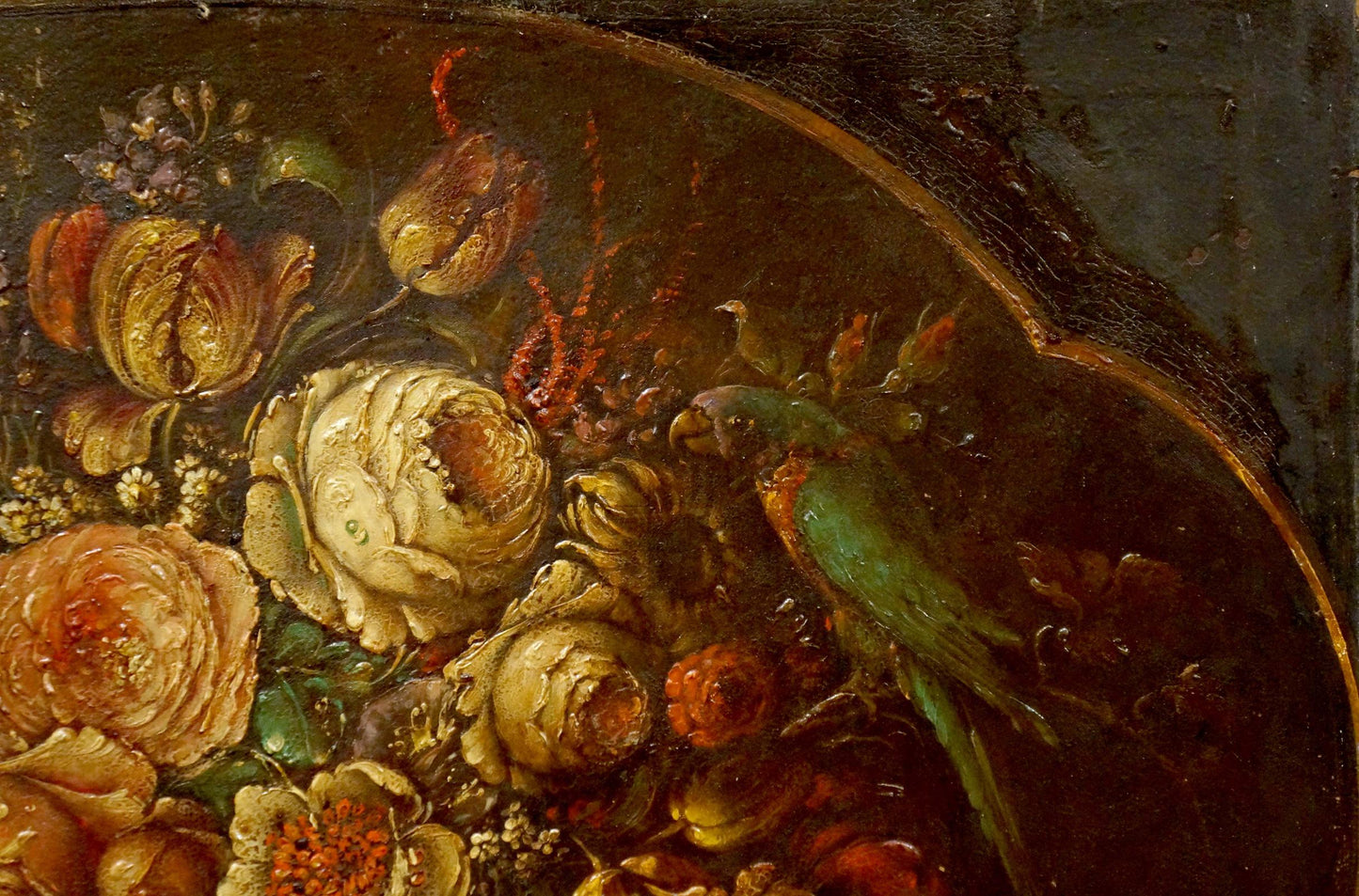 Vibrant green parrot with orange chest in oil painting of flowers, Western European style