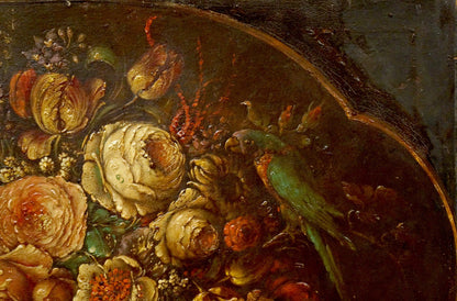 Vibrant green parrot with orange chest in oil painting of flowers, Western European style