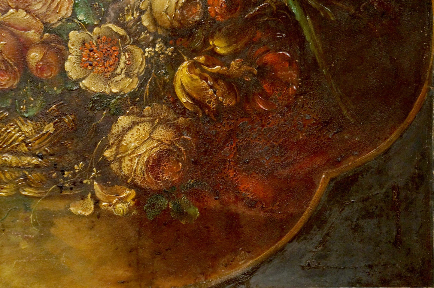Oil painting of golden roses, leaves, flowers and bird in classical style