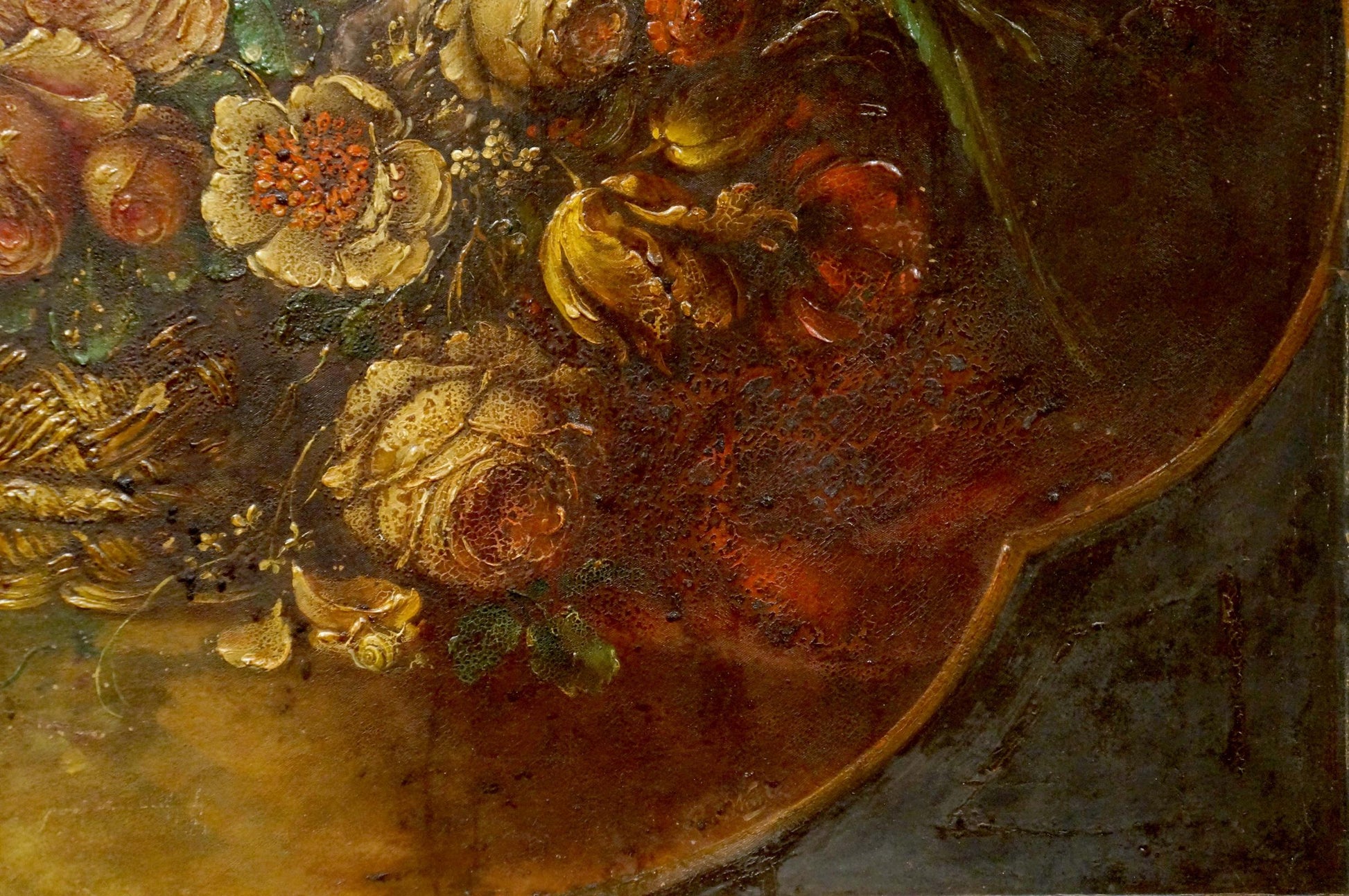 Oil painting of golden roses, leaves, flowers and bird in classical style