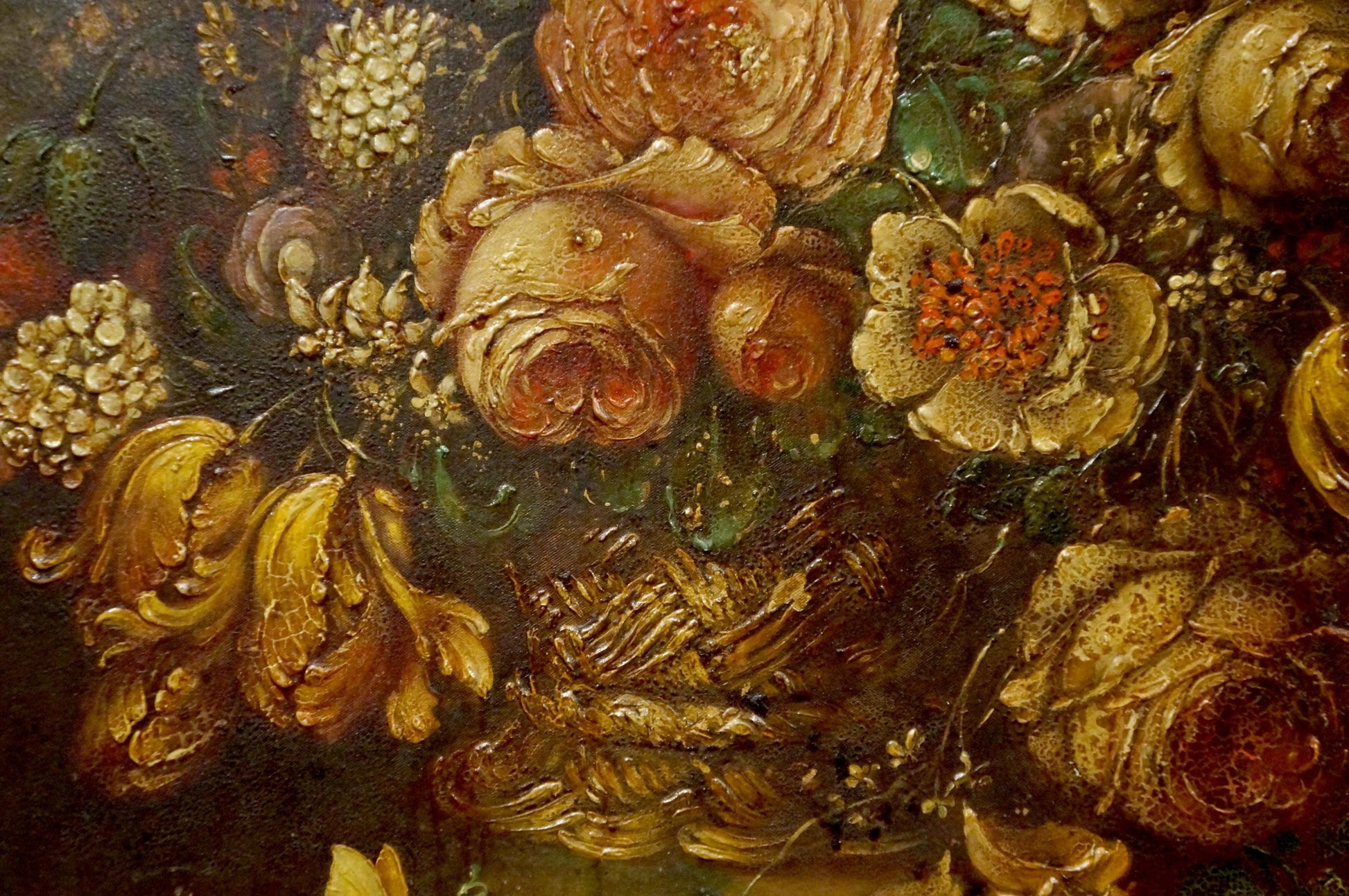 Oil painting of golden roses, white hydrangeas, yellow foliage and bird