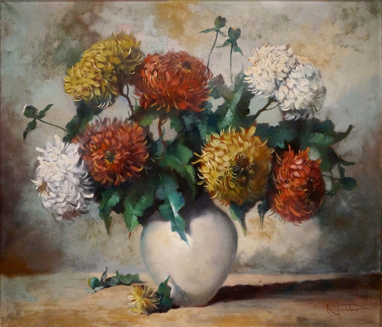 Oil painting of yellow orange white chrysanthemums in vase by R. Faber