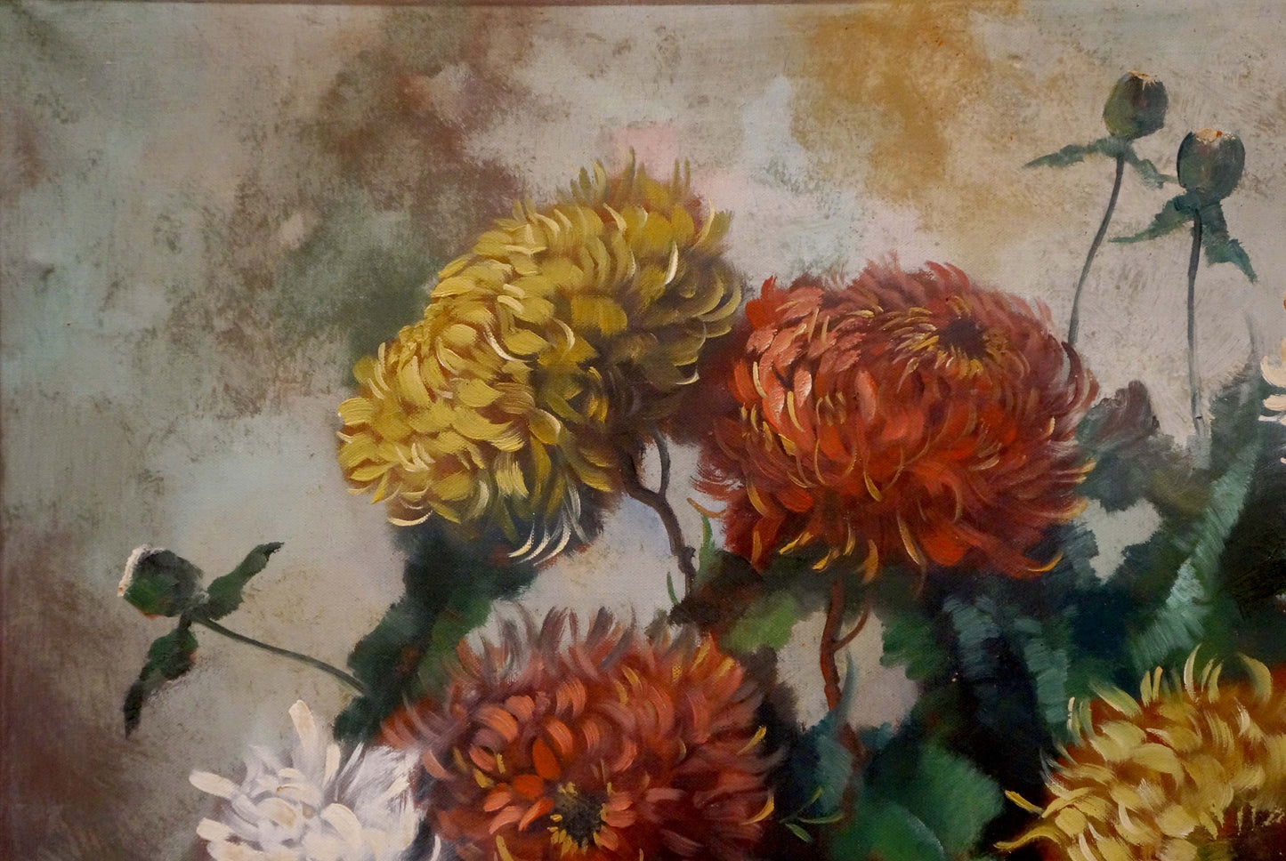 Vibrant oil painting of yellow orange chrysanthemums by R. Faber gift for girl
