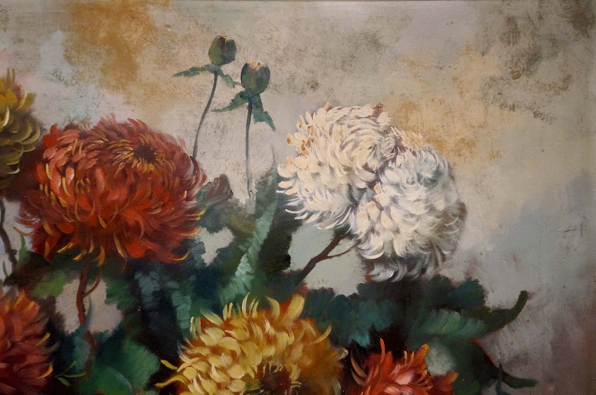 Vibrant oil painting of lush chrysanthemums by R. Faber, gift for girl