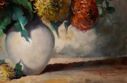Oil painting of white vase with orange yellow chrysanthemums by R. Faber