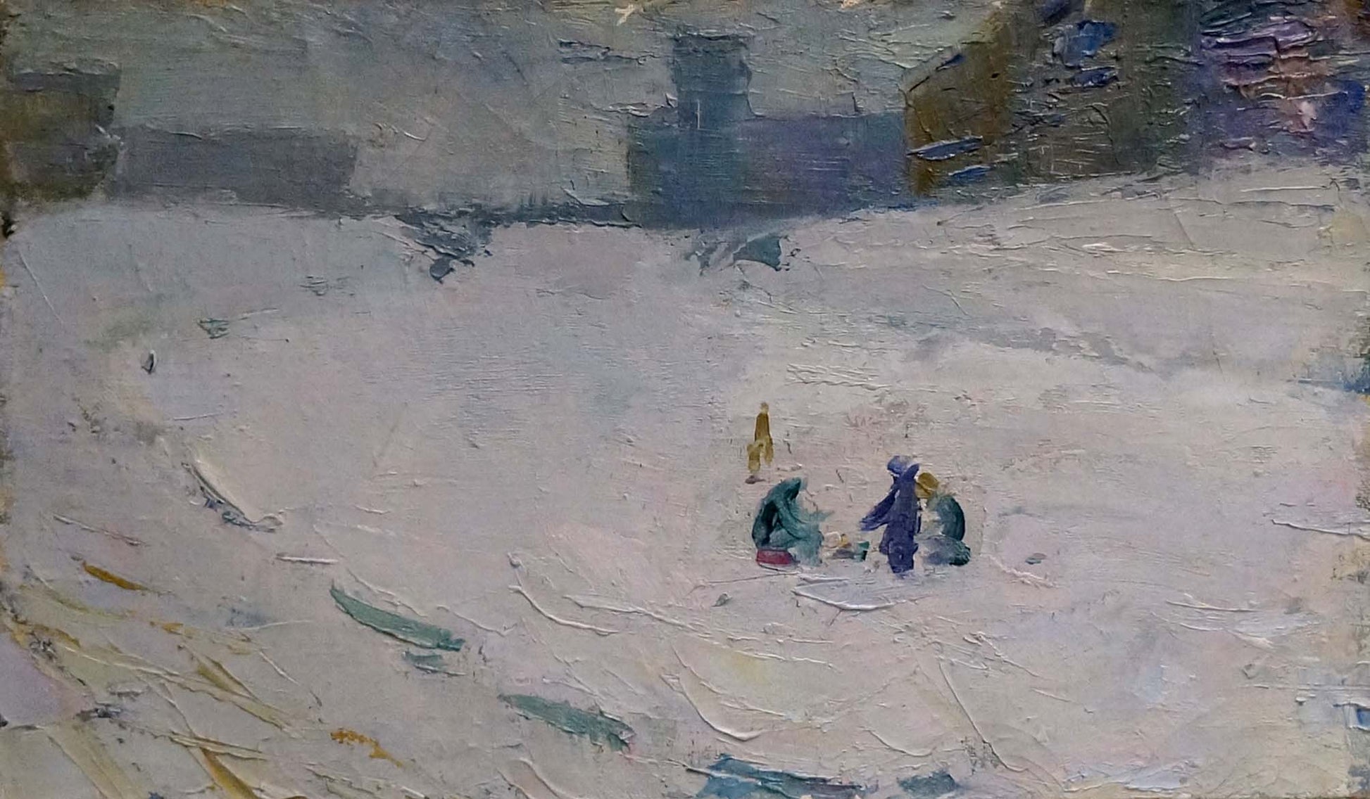 Oil painting by Nikolai Petrovich Petrov: children walk in snowy landscape