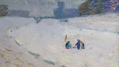 Oil painting of children walking in snowy landscape by Nikolai Petrovich Petrov