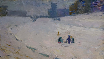 Oil painting by Nikolai Petrovich Petrov: children in snowy landscape