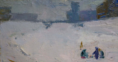 Textured impressionistic snowy landscape oil painting by Nikolai Petrovich Petrov